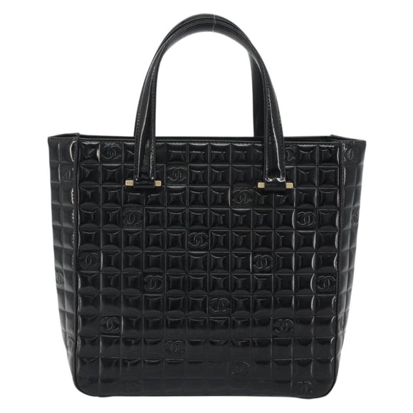 CHANEL Choco Bar Hand Bag Patent leather Black Gold CC Auth ka4990