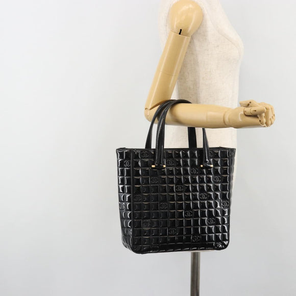 CHANEL Choco Bar Hand Bag Patent leather Black Gold CC Auth ka4990