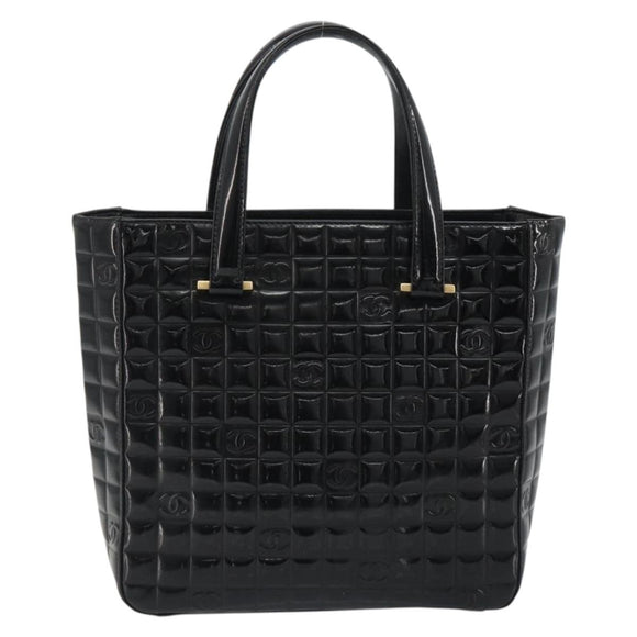 CHANEL Choco Bar Hand Bag Patent leather Black Gold CC Auth ka4990