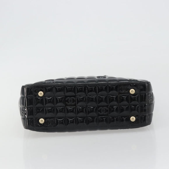 CHANEL Choco Bar Hand Bag Patent leather Black Gold CC Auth ka4990