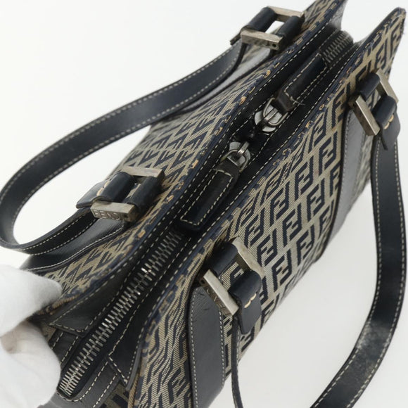 FENDI Zucchino Canvas Hand Bag Navy Silver Auth ka500