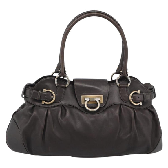 Salvatore Ferragamo Gancini Tote Bag Leather Dark Brown Gold Auth ka5022A