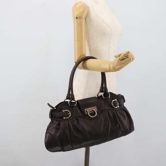 Salvatore Ferragamo Gancini Tote Bag Leather Dark Brown Gold Auth ka5022A