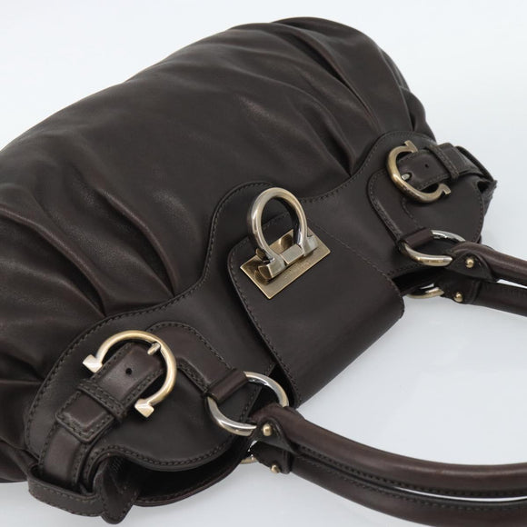 Salvatore Ferragamo Gancini Tote Bag Leather Dark Brown Gold Auth ka5022A