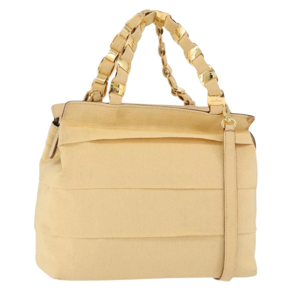 Salvatore Ferragamo Chain Hand Bag Canvas 2way Yellow Gold Auth ka5026