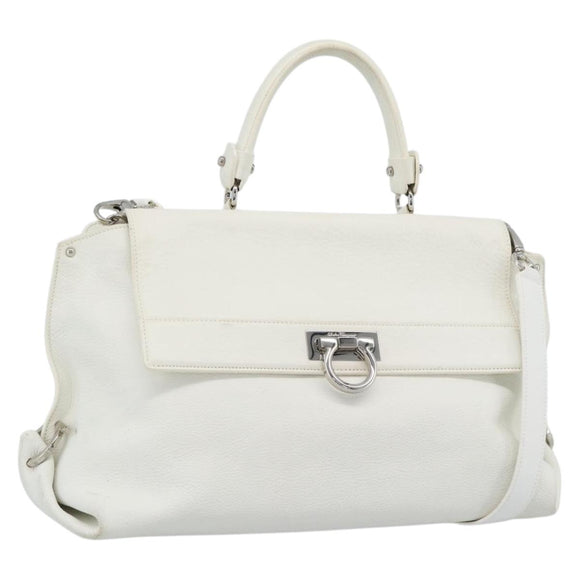 Salvatore Ferragamo Gancini Hand Bag Leather 2way White Gold Auth ka5027