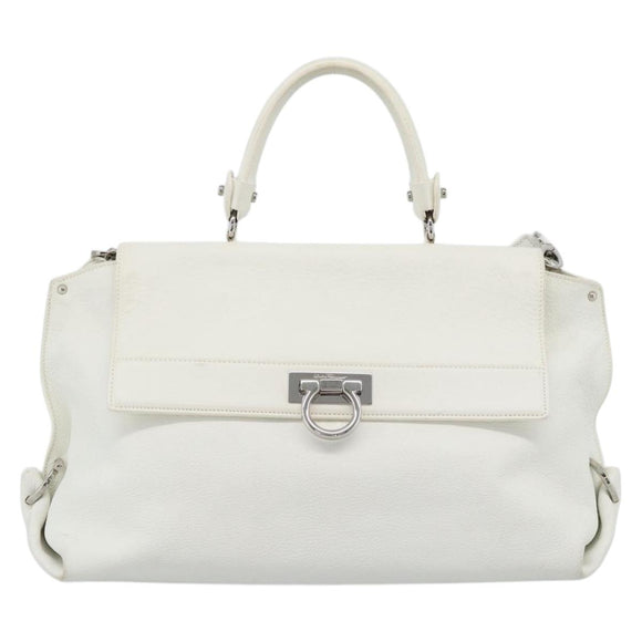 Salvatore Ferragamo Gancini Hand Bag Leather 2way White Gold Auth ka5027
