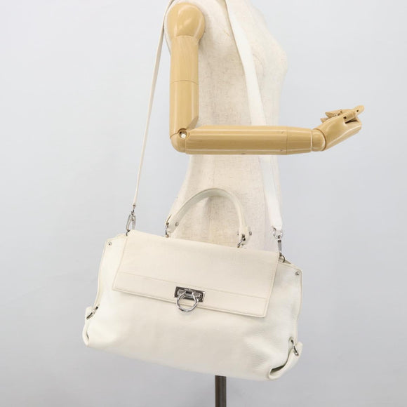 Salvatore Ferragamo Gancini Hand Bag Leather 2way White Gold Auth ka5027
