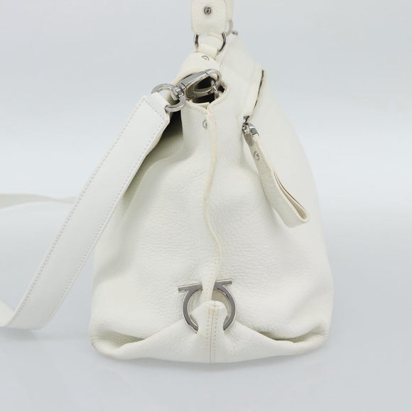 Salvatore Ferragamo Gancini Hand Bag Leather 2way White Gold Auth ka5027