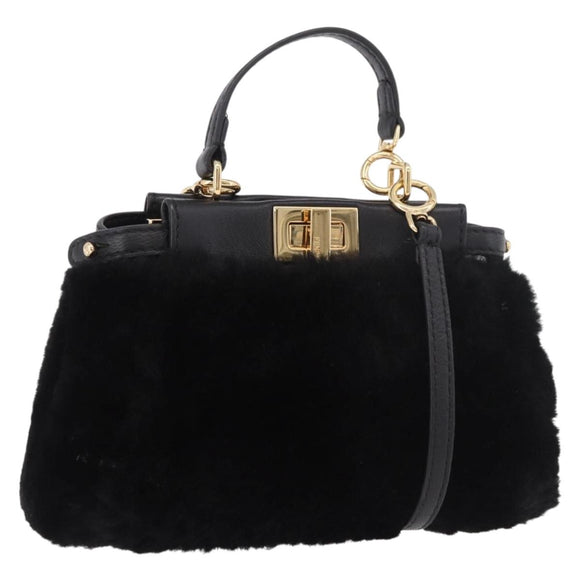 FENDI Micro Peek A Boo Hand Bag Shearing Black Gold Auth ka5035M