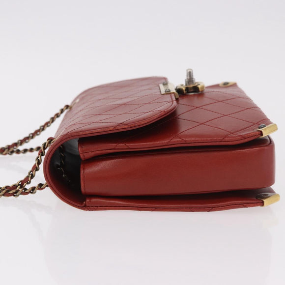 CHANEL Matelasse Chain Shoulder Bag Lamb Skin Red Gold CC Auth ka5036M