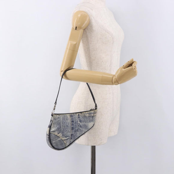 Christian Dior Saddle Pouch Accessory Pouch Denim Blue Silver Auth ka5037V