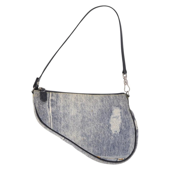 Christian Dior Saddle Pouch Accessory Pouch Denim Blue Silver Auth ka5037V