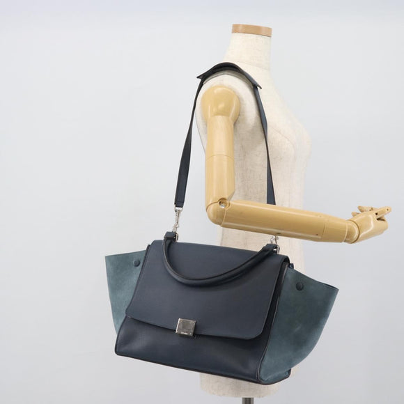CELINE Trapeze Hand Bag Suede Leather 2way Blue Gold Auth ka5040