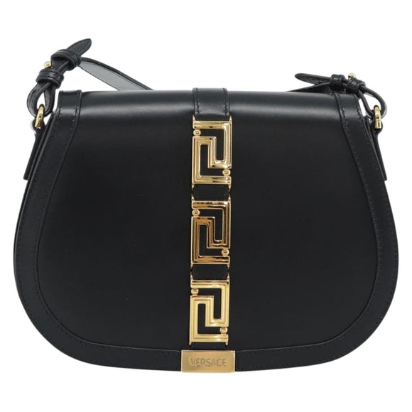 VERSACE Shoulder Bag Leather Black Gold Auth ka5043SAM