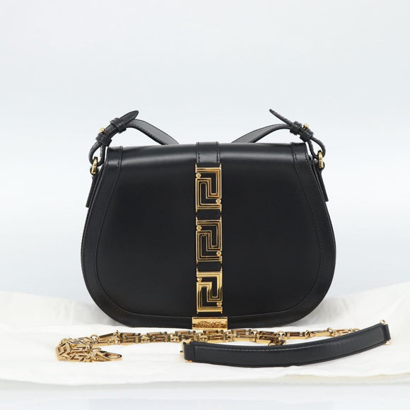 VERSACE Shoulder Bag Leather Black Gold Auth ka5043SAM