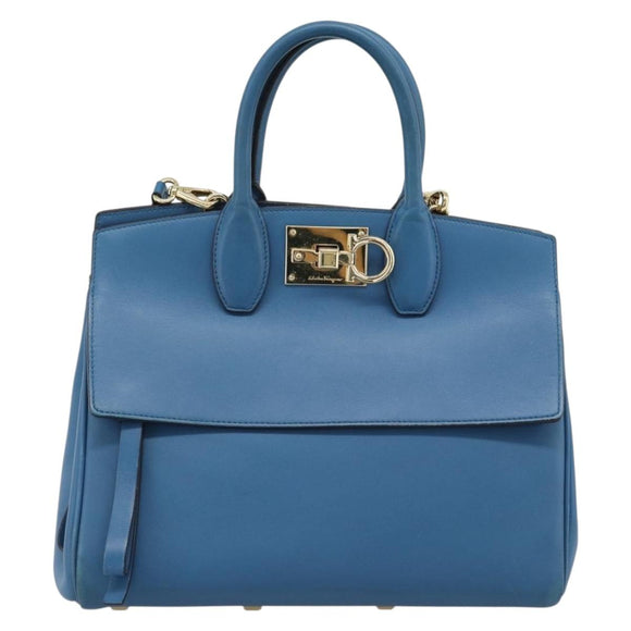 Salvatore Ferragamo Gancini Hand Bag Leather 2way Blue Gold Auth ka5047A