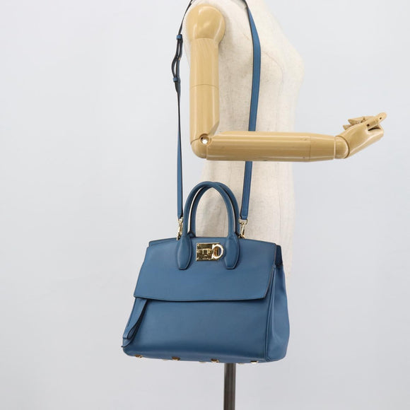 Salvatore Ferragamo Gancini Hand Bag Leather 2way Blue Gold Auth ka5047A