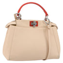FENDI Mini Peek A Boo Hand Bag Leather 2way Beige Silver Auth ka505-1