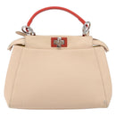 FENDI Mini Peek A Boo Hand Bag Leather 2way Beige Silver Auth ka505-2