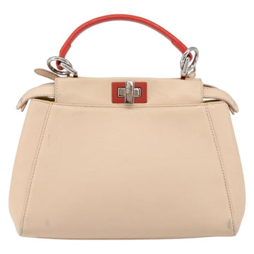 FENDI Mini Peek A Boo Hand Bag Leather 2way Beige Silver Auth ka505 - 0