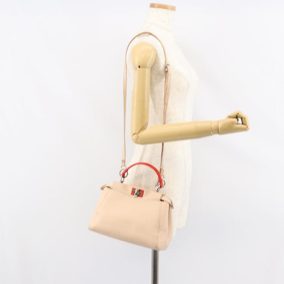 FENDI Mini Peek A Boo Hand Bag Leather 2way Beige Silver Auth ka505