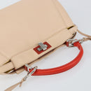 FENDI Mini Peek A Boo Hand Bag Leather 2way Beige Silver Auth ka505-6
