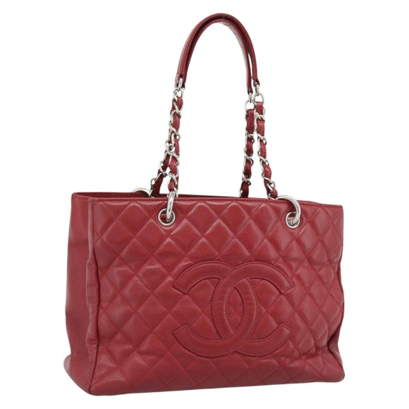 CHANEL Matelasse Chain Shoulder Bag Caviar Skin Red Silver CC Auth ka5052A