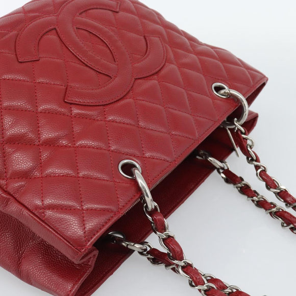 CHANEL Matelasse Chain Shoulder Bag Caviar Skin Red Silver CC Auth ka5052A