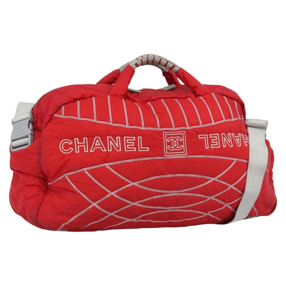 CHANEL Sports Line Boston Bag Nylon Red Silver CC Auth ka5057A