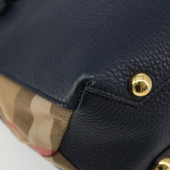 BURBERRY Hand Bag Leather 2way Navy Gold Auth ka5063A