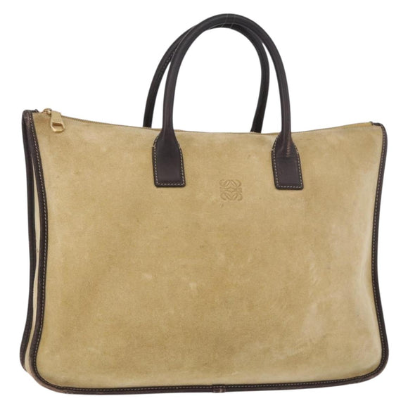 LOEWE Anagram Hand Bag Suede Beige Gold Auth ka5077