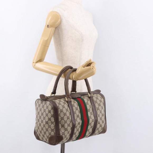 GUCCI GG Supreme Web Sherry Line Boston Bag PVC Beige Gold Auth ka5081