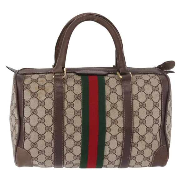 GUCCI GG Supreme Web Sherry Line Boston Bag PVC Beige Gold Auth ka5081