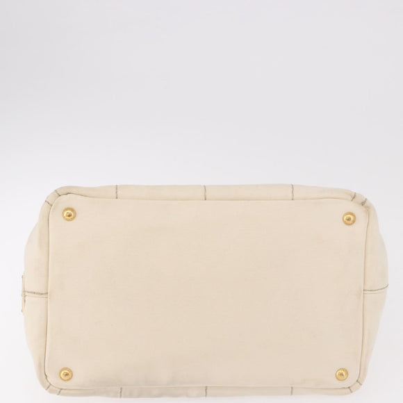 PRADA Canapa MM Hand Bag Canvas 2way White Gold Auth ka5083