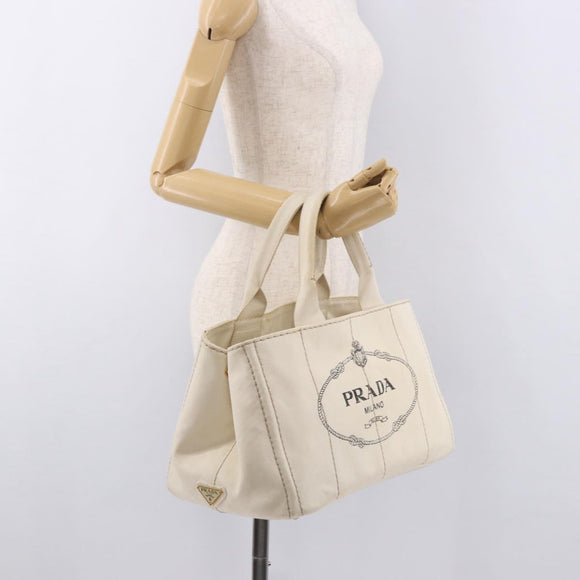 PRADA Canapa MM Hand Bag Canvas 2way White Gold Auth ka5083