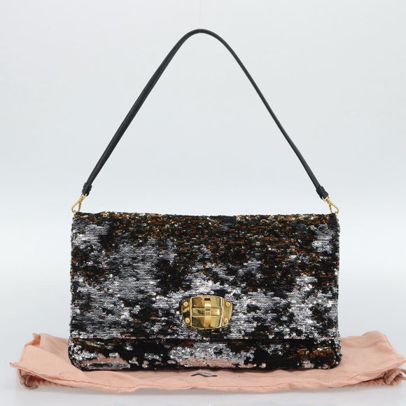 Miu Miu Shoulder Bag Sequin Black Gold Auth ka5086M
