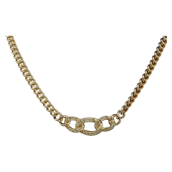 Christian Dior Rhinestone Necklace Metal Gold Tone Auth ka5106