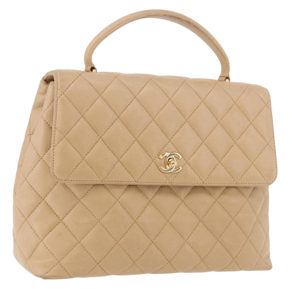 CHANEL Matelasse Hand Bag Lamb Skin Beige Gold CC Auth ka5163V