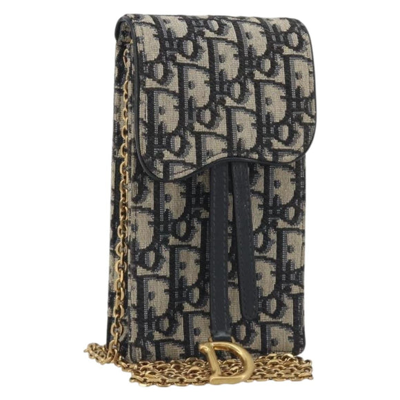 Christian Dior Trotter Chain Saddle Shoulder Bag Canvas Navy Auth ka5168V