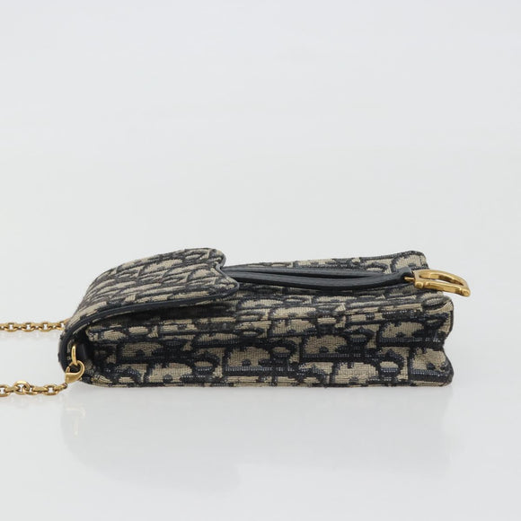 Christian Dior Trotter Chain Saddle Shoulder Bag Canvas Navy Auth ka5168V