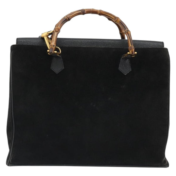 GUCCI Bamboo Hand Bag Suede 2way Black Gold 002 2855 Auth ka5206