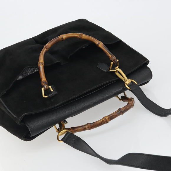 GUCCI Bamboo Hand Bag Suede 2way Black Gold 002 2855 Auth ka5206