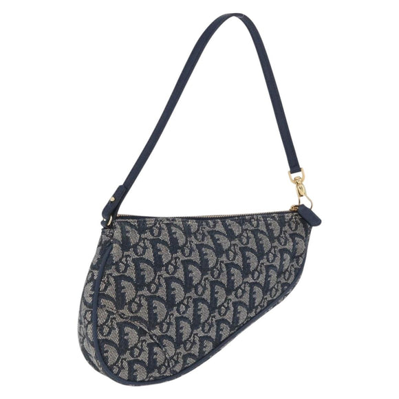 Christian Dior Trotter Canvas Saddle Pouch Navy Gold Auth ka5217
