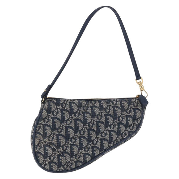 Christian Dior Trotter Canvas Saddle Pouch Navy Gold Auth ka5217