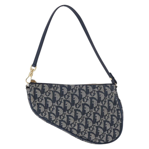 Christian Dior Trotter Canvas Saddle Pouch Navy Gold Auth ka5217