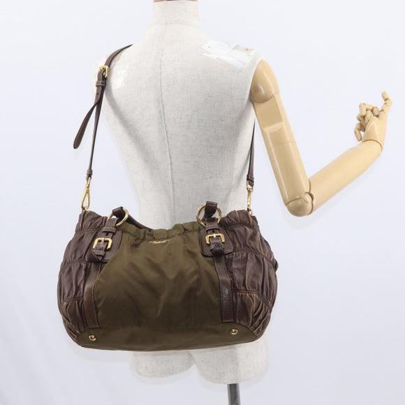 PRADA Hand Bag Nylon 2way Khaki Gold Auth ka523