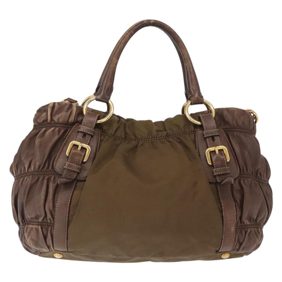 PRADA Hand Bag Nylon 2way Khaki Gold Auth ka523