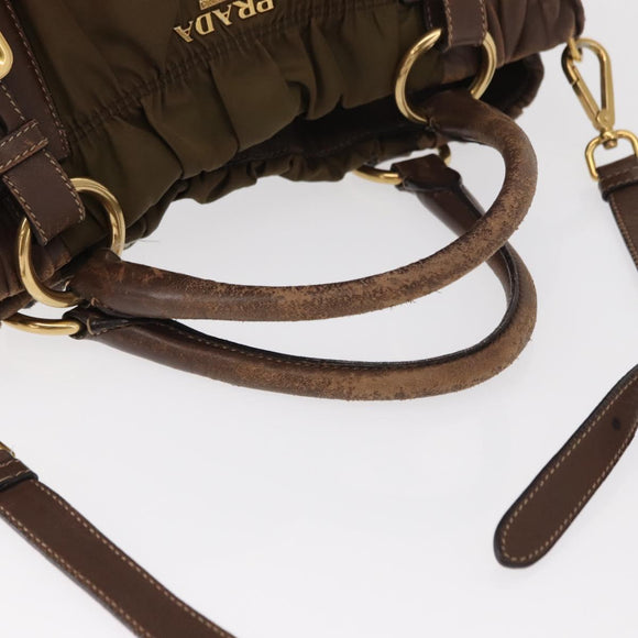 PRADA Hand Bag Nylon 2way Khaki Gold Auth ka523