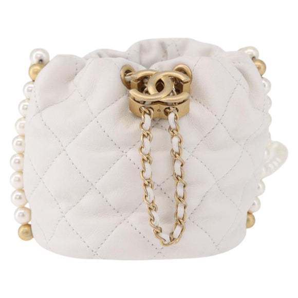 CHANEL Matelasse Chain Shoulder Bag Lamb Skin White Gold CC Auth ka5241M